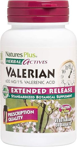 Herbal Actives Valerian – Comprimidos de Liberação Prolongada 600 mg, 30 Comprimidos Veganos – Vegetariano, Sem Glúten – 30 Porções - Natures Plus