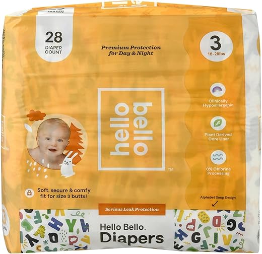 Fraldas Descartáveis Hello Bello Premium Tamanho 3 – 27 Unidades – Absorção Extra, Hipoalergênicas, Ecológicas e Confortáveis – Sopa de Letras