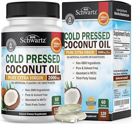 BioSchwartz - Cápsulas de Óleo de Coco 2000mg – Orgânico Puro Extra Virgem Não Refinado Prensado a Frio Rico em TCM