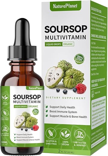 NaturePlanet - Soursop Multivitamin Liquid Drops – Extrato de Folha de Graviola Orgânico, Óleo de Graviola, Vitaminas, Fibras Alimentares, 60ml, 2 Fl Oz