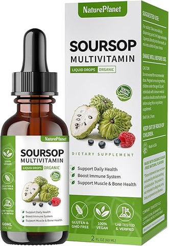 NaturePlanet - Soursop Multivitamin Liquid Drops – Extrato de Folha de Graviola Orgânico, Óleo de Graviola, Vitaminas, Fibras Alimentares, 60ml, 2 Fl Oz