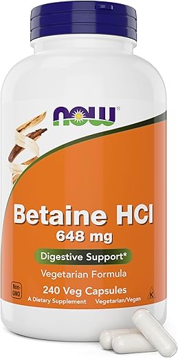 NOW Foods - Now Betaine HCl 648mg 240 Cápsulas Vegetais – Suplemento Enzimático Digestivo – Enriquecido com Pepsina Protease para Suporte à Digestão de Proteínas