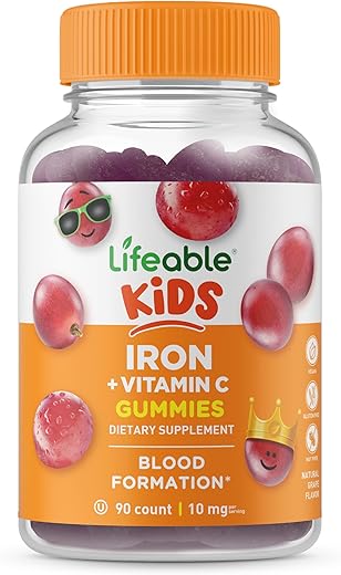 Ferro para Crianças – com Vitamina C – 10 mg – Sabor Natural Delicioso – Suplemento em Goma Livre de Glúten, Vegetariano e Livre de OGM – para Deficiência de Ferro – para Crianças - Lifeable