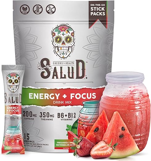 Taste Salud - Salud Energético em Pó 2 em 1, Morango Melancia, Cafeína Orgânica, B6 B12, Teanina, Sachês de Energia Limpa, Mistura de Água Fresca Fresandia, Não-OGM, Sem Glúten