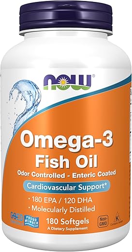 Suplementos, Ômega-3 180 EPA / 120 DHA, Revestimento Entérico, Suporte Cardiovascular*, 180 Cápsulas - NOW Foods