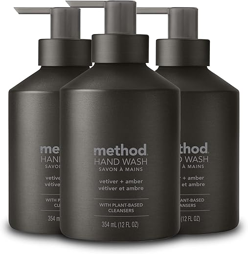 Sabonete Líquido Method Gel, Vetiver Amber, Frasco de Alumínio Reutilizável Preto, Fórmula Biodegradável, 355 ml (Pack com 3 unidades)