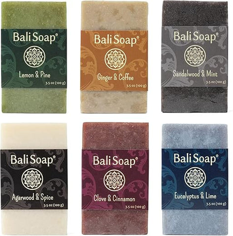 Conjunto de Presente de Sabonetes Naturais Bali Soap – Coleção Masculina, 6 Unidades, Limão-Pinho, Gengibre-Café, Sândalo-Menta, Oud-Especiarias, Cravo-Canela, Eucalipto-Lima 100g