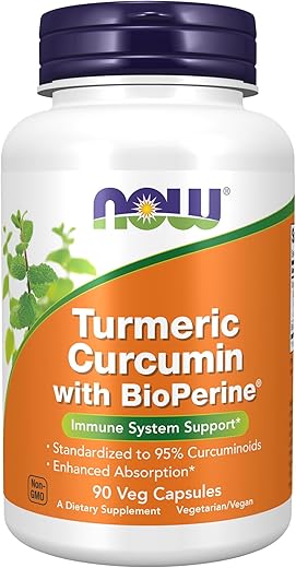 NOW Foods - NOW Supplements, Curcuma Turmeric with BioPerine, Support for the Immune System, Standardized to 95% Curcuminoids, Enhanced Absorption*, 90 Veg Capsules