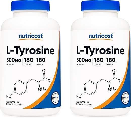 L-Tyrosine 500mg – 180 Cápsulas (2 Frascos) | Aumente a Energia e o Foco - Nutricost