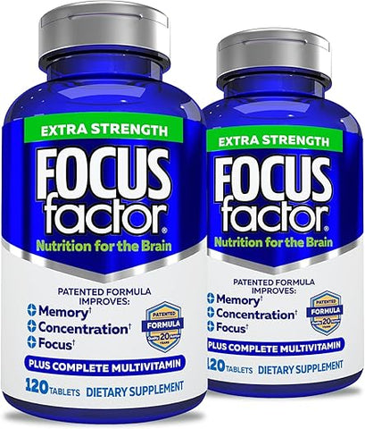 Extra Strength – 120 Cápsulas – Suplemento para Memória, Concentração e Foco – DMAE, Vitamina D, DHA – Fórmula Confiável – Saúde Cerebral - Focus Factor
