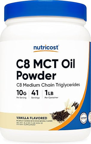 C8 MCT Oil Powder 454g (16oz) Sabor Baunilha – 95% C8 MCT Oil Powder, Melhor para Dietas Keto, Não-OGM, Sem Glúten - Nutricost