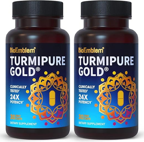 Cúrcuma Curcumina com TurmiPure Clinicamente Estudada – 1 Cápsula Diária, 24x Mais Absorção – Não-OGM – Suporte Articular, Inflamação Saudável – Cúrcuma de Alta Qualidade - BioEmblem