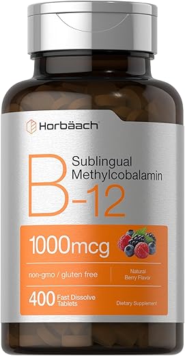 Vitamina B12 Sublingual 1000 mcg | 400 Comprimidos de Dissolução Rápida | Suplemento de Metilcobalamina para Adultos | Sabor Natural de Frutas Vermelhas | Vegano, Vegetariano, Não-OGM e Sem Glúten - Horbäach