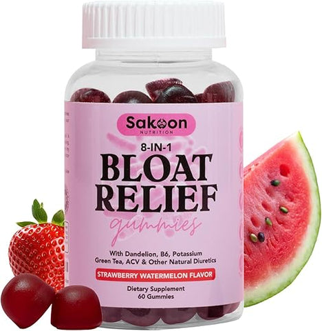 Sakoon nutrition - Sakoon Nutrition – Gummies Alívio de Inchaço para Mulheres – Chá Verde, ACV, Dente-de-leão, Folha de Buchu, Suporte Natural à Digestão, 60 Gummies, Sabor Melancia