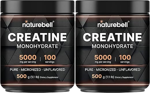 2 Pack Creatine Monohydrate Powder 500g – 5000mg por Porção – Pó de Creatina Pura sem Sabor – Micronizada – Pré-Treino | Keto | Vegano | Dissolve Facilmente | Enchimento - NatureBell