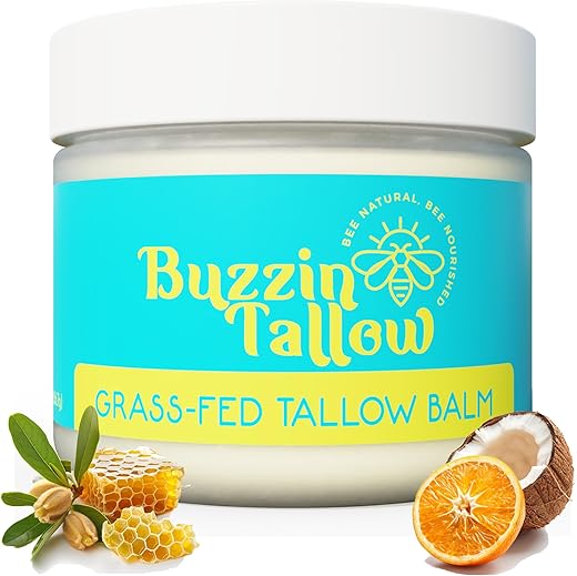Buzzin Tallow - Bálsamo de Talo de Carne de Gado Criado a Pasto para Cuidados com a Pele – Creme Hidratante Facial – Eczema, Rosácea, Acne, Assaduras, Estrias, Psoríase – Cuidados Pós-Tatuagem: Cera de Abelha Orgânica Óleo de Jojoba – Adulto