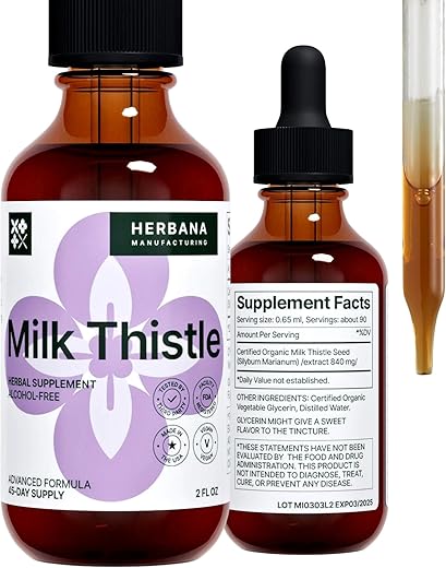 HERBANA MANUFACTURING - Extrato Líquido de Cardo Mariano 60 ml – Suporte Natural ao Fígado – Gotas de Desintoxicação e Limpeza – Tintura de Silybum Marianum para Homens