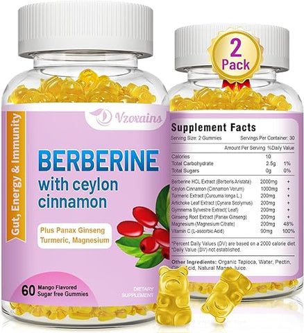 VZOXAINS - Gomas de Berberina com Canela do Ceilão, 2000 mg de Alta Potência de Berberina HCI, Suporte à Saúde Imunológica, 120 Gomas com Sabor de Manga