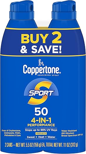 SPORT Protetor Solar Spray FPS 50, Resistente à Água, Amplo Espectro FPS 50, Embalagem com 2 Sprays de 155g cada - Coppertone