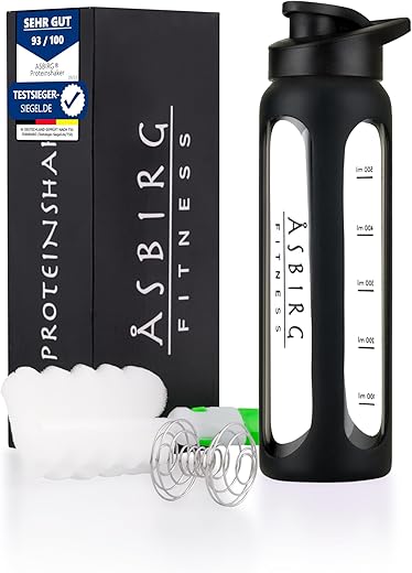 Asbirg - Shaker de Vidro para Fitness | Garrafa para Bebidas com Esfera de Mistura | Preto | 500ml