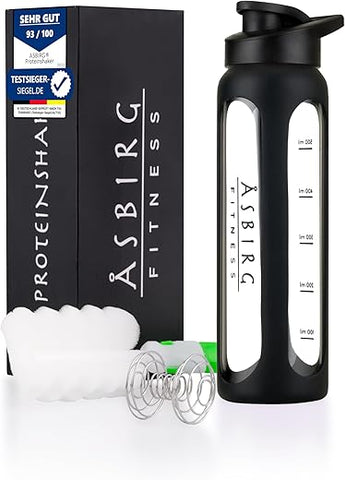 Asbirg - Shaker de Vidro para Fitness | Garrafa para Bebidas com Esfera de Mistura | Preto | 500ml