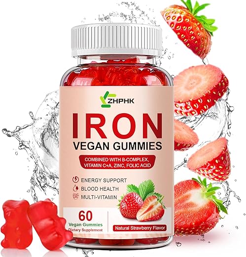 ZHPHK - Gomas de Ferro, 65mg Ferro e 250mg Vitamina C para Mulheres Homens Crianças, Goma de Ferro Vegana Natural com Vitamina A, Complexo B, Biotina, Zinco