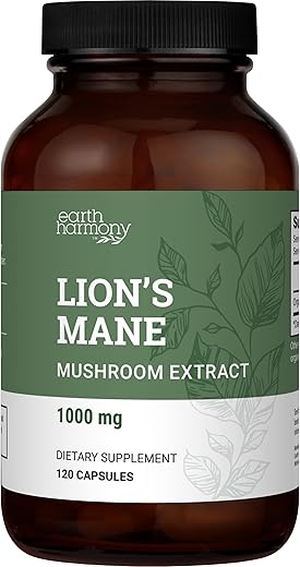 Earth Harmony Naturals - Suplemento Orgânico de Leão da Montanha (1000mg), Extrato de Suplemento de Cogumelo Leão da Montanha para Apoiar o Foco e a Memória, Suplemento Cerebral Nootrópico (120 Cápsulas)