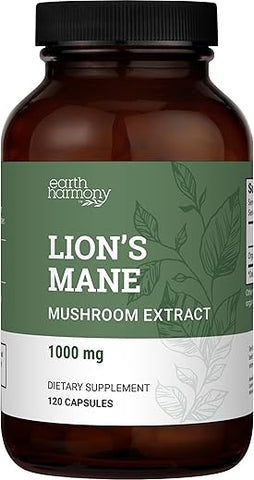 Earth Harmony Naturals - Suplemento Orgânico de Leão da Montanha (1000mg), Extrato de Suplemento de Cogumelo Leão da Montanha para Apoiar o Foco e a Memória, Suplemento Cerebral Nootrópico (120 Cápsulas)