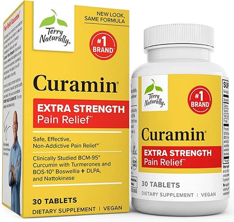 Curamin Extra Forte – 30 Comprimidos – Alívio Não Viciante da Dor com Curcumina, Boswellia, DLPA – Marca Terry Naturally - Terry Naturally