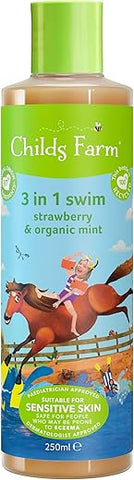 Kids 3 em 1 Natação, Morango e Hortelã Orgânica 250 ml, Gel de Banho, Shampoo e Condicionador, Indicado para Pele Seca, Sensível e Propensa a Eczema - Childs Farm