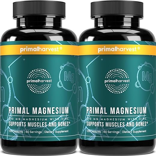 Complexo de Suplemento de Magnésio 310mg com Glycinate, Citrate, Malate e Zinco – 2 Pacotes, 120 Cápsulas - Primal Harvest