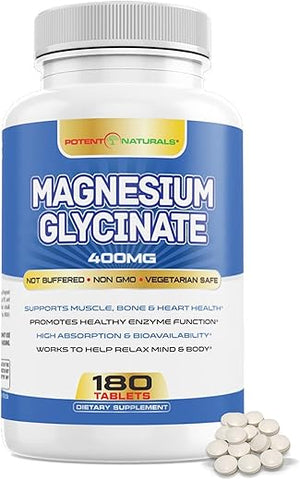 POTENT NATURALS - Magnésio Glicinato 400mg 180 Comprimidos – Fórmula de Absorção Suave Não Laxante – Suplemento Mineral Amigável ao Glúten e Não Transgênico para Homens – Testado por Terceiros, Sem Preenchedores