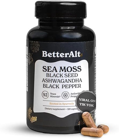 Better Alt - Cápsulas de Sea Moss – Sea Moss Irlandês com Óleo de Semente Preta e Ashwagandha | 100% Natural | 60 cápsulas | 500mg | Aumente sua saúde e vitalidade