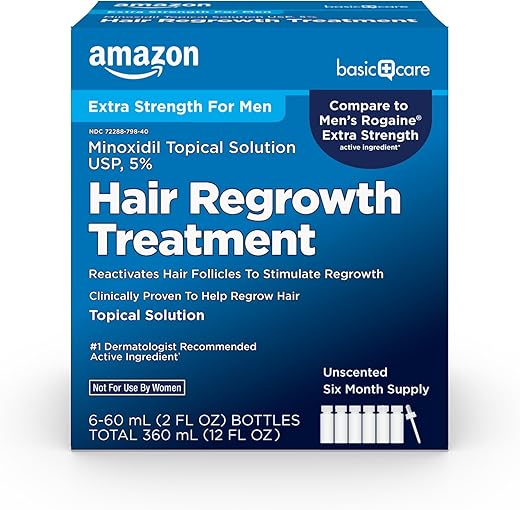 Minoxidil Solução Tópica 5% Tratamento Extra Forte para Crescimento Capilar Masculino 6 Meses Sem Fragrância 60 ml Pacote com 6 - Amazon Basic Care