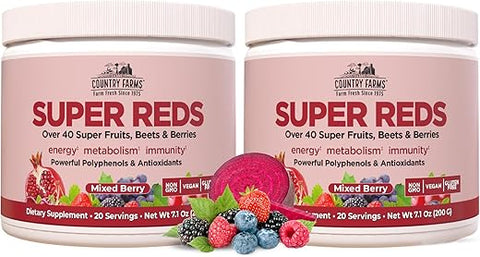 Super Reds: Energizante Superfood de Polifenóis, Mais de 40 Frutas e Bagas Super Poderosas, Antioxidantes e Polifenóis Potentes, Suporta Energia e Circulação, 40g - COUNTRY FARMS