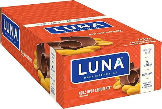 Luna Bar - Barra de LUNA – Sabor Nutz Over Chocolate – Sem Glúten – Não-OGM – 7-9g Proteína – Feito com Aveia Orgânica – Baixo Índice Glicêmico – Barras de Lanche de Nutrição Completa – 1,69 oz (15 Unidades)