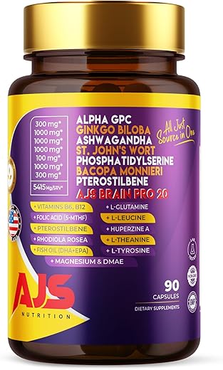 AJS Nutrition - AJS Alpha GPC – Suplemento Cérebro Nootrópico com Fosfatidilserina, Hipérico, Ginkgo Biloba, Ashwagandha, Bacopa Monnieri, Pterostilbeno, Magnésio Glicinato – 60 cápsulas