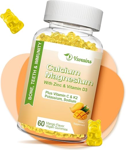 VZOXAINS - Gomas de Cálcio de Alta Absorção, Sem Açúcar, Suplemento de Cálcio e Magnésio com Vitamina D3 K2 para os Ossos