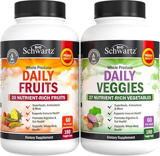 BioSchwartz - Suplemento Diário de Frutas e Vegetais para Mulheres e Homens – 47 Frutas e Vegetais Integrais – Equilíbrio Natural Diversificado de Vitaminas, Minerais e Noni – 180 Cápsulas de Frutas, 180 g