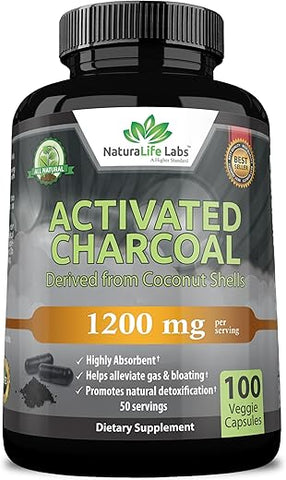 NaturaLife Labs A Higher Standard - Cápsulas de Carvão Ativado – 1.200 mg Altamente Absorvente Ajuda a Aliviar Gases