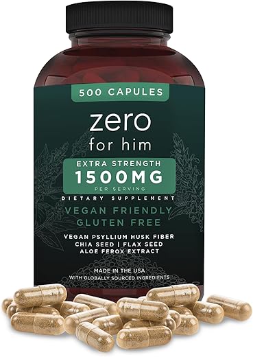 Suplemento de Fibra para Homens (500 cápsulas) – Chia, Linhaça e Psyllium – Cápsulas Veganas de Alta Fibra – Zero for Him Extra Forte – 500g - California Basics