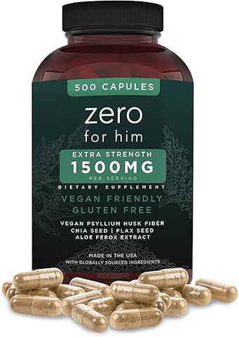 Suplemento de Fibra para Homens (500 cápsulas) – Chia, Linhaça e Psyllium – Cápsulas Veganas de Alta Fibra – Zero for Him Extra Forte – 500g - California Basics