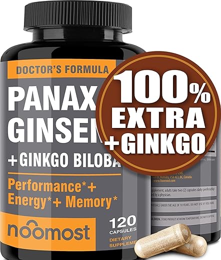 NooMost - Ginseng Coreano Vermelho Autêntico Panax Ginkgo Biloba, 120 Cápsulas Veganas, Extrato de Raiz de Ginseng em Pó 1000mg (10%% Ginsenosides) Gingko Biloba 60mg, Energia e Concentração em Cápsulas