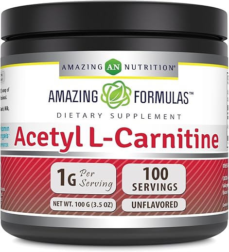 Amazing Nutrition - Amazing Formulas Acetyl L-Carnitine 100g em Pó | 100 Porções | Não-OGM | Sem Glúten | Fabricado nos EUA