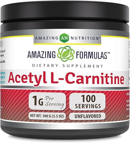 Amazing Nutrition - Amazing Formulas Acetyl L-Carnitine 100g em Pó | 100 Porções | Não-OGM | Sem Glúten | Fabricado nos EUA