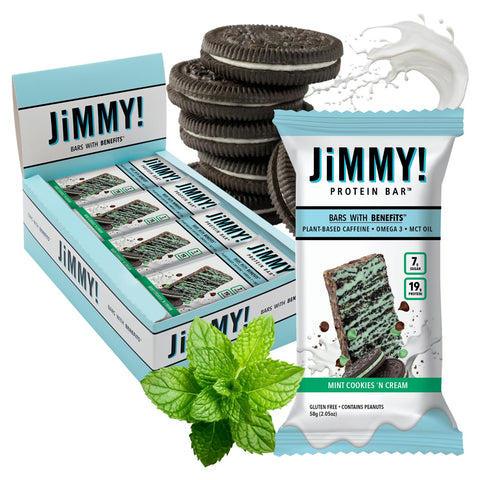 JIMMYBAR - JiMMY’S! Barra de Proteína Funcional – Cookies e Creme de Menta – 12 Unidades – Barra de Proteína com Cafeína, Ômega 3 e Óleos MCT – Baixo teor de açúcar, sem glúten, impulso de energia