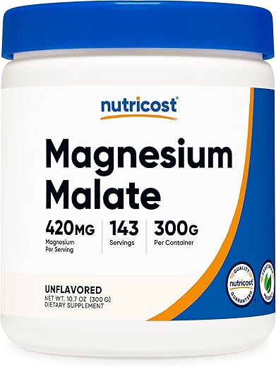 Magnesium Malate em Pó (300g) – 420mg de Magnésio por Porção – Livre de Transgênicos, Sem Glúten - Nutricost