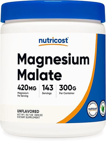 Magnesium Malate em Pó (300g) – 420mg de Magnésio por Porção – Livre de Transgênicos, Sem Glúten - Nutricost