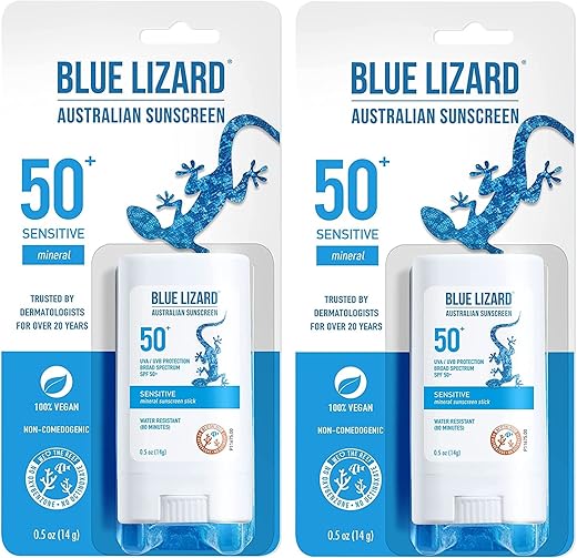 Protetor Solar BLUE LIZARD Sensitive Stick Mineral com Óxido de Zinco, FPS 50, Resistente à Água, Proteção UVA UVB, Fácil de Aplicar, Sem Fragrância, 15g (Pacote com 2)