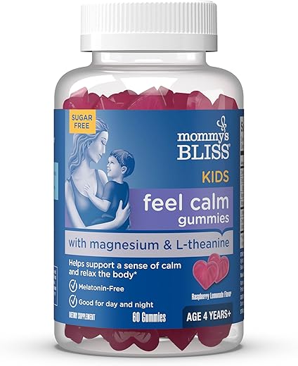Mommy's Bliss - Mommy’s Bliss Kids Feel Calm Gummies – Suporte para Sensação de Calma e Relaxamento do Corpo – Com Magnésio, L-teanina – Sabor Limonada de Framboesa Sem Açúcar – Idade 4 – 60 Gummies